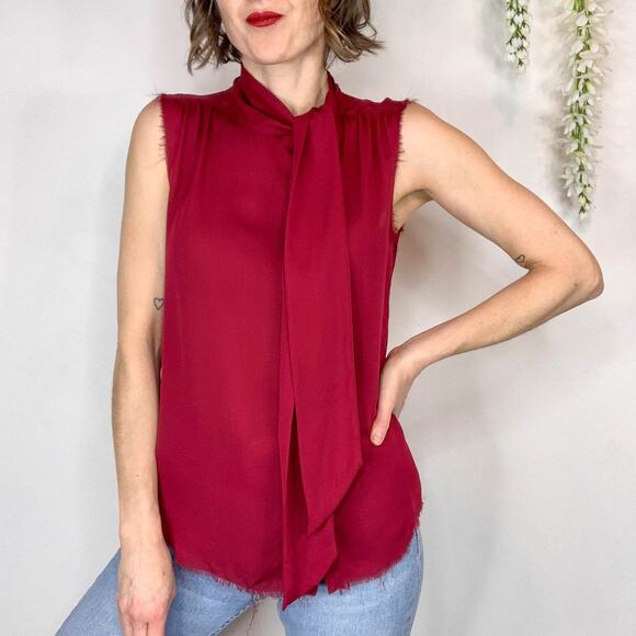 REVOLVE NSF silk sleeveless top neck tie frayed hem button front berry 3076 - Picture 2 of 11